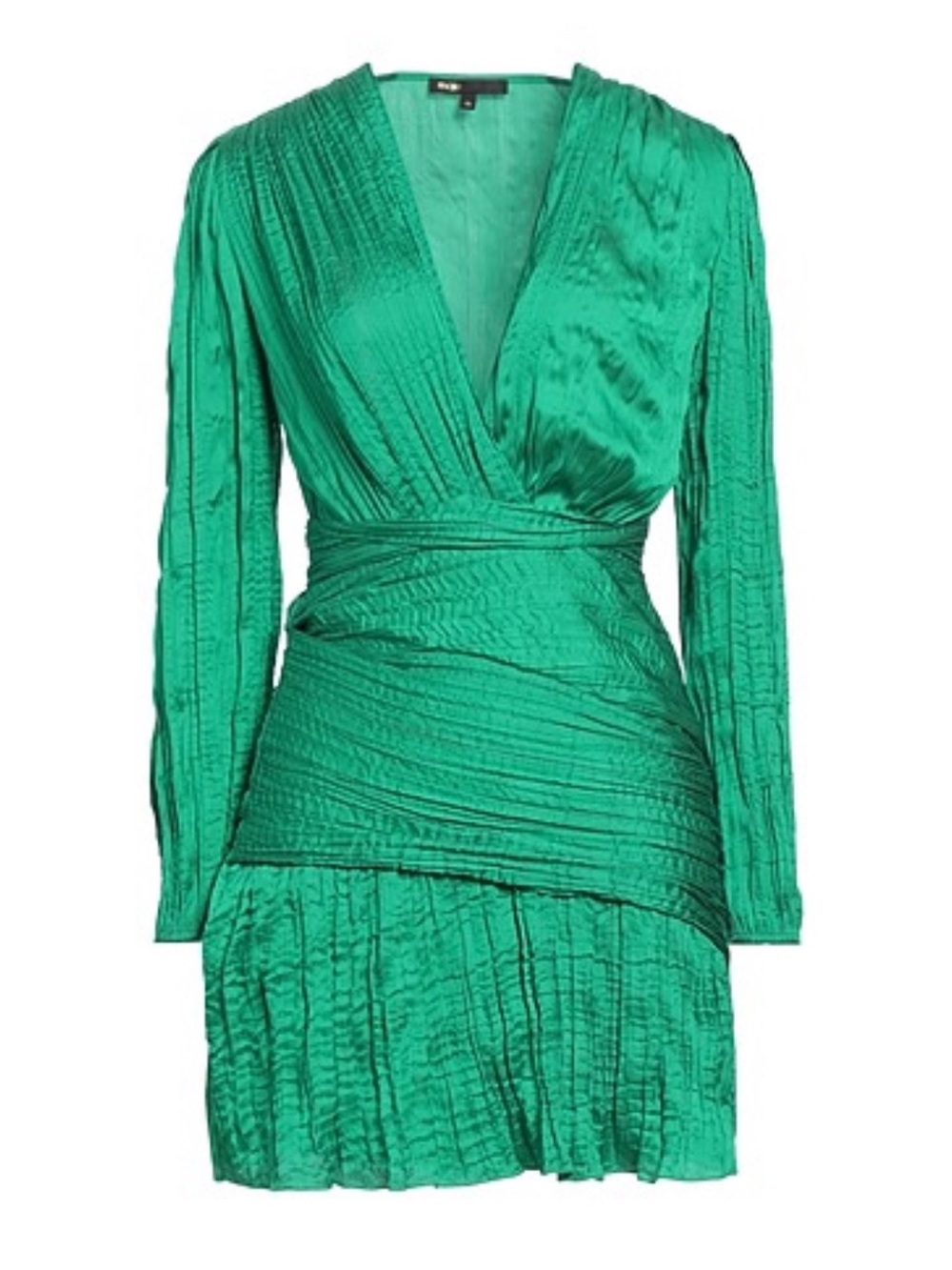 Maje Runnylona Emerald Green Draped Pleated Lamé Mini Dress, sz 4/Small